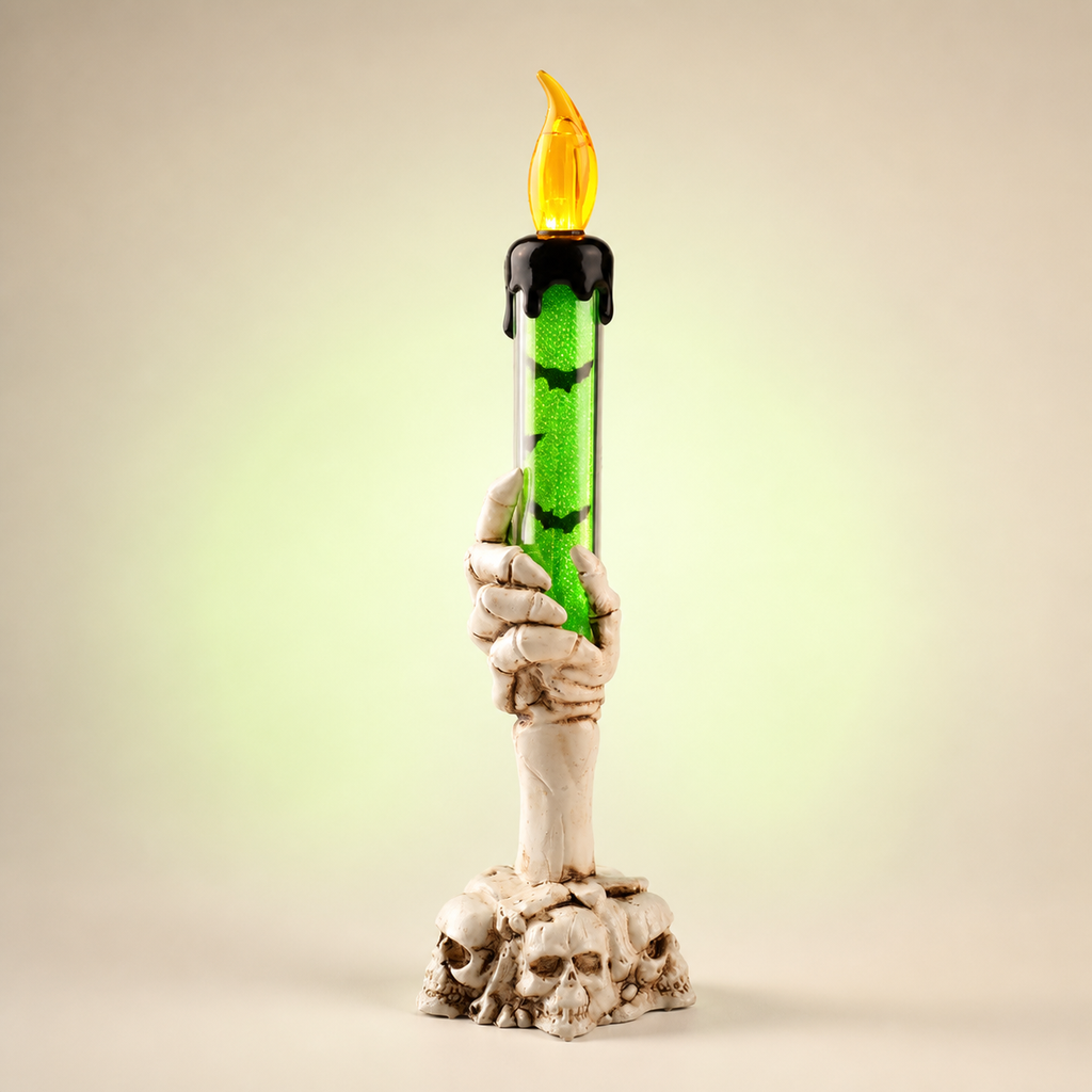 Tall ivory skeleton-hand LED candle light with green glitter tube
