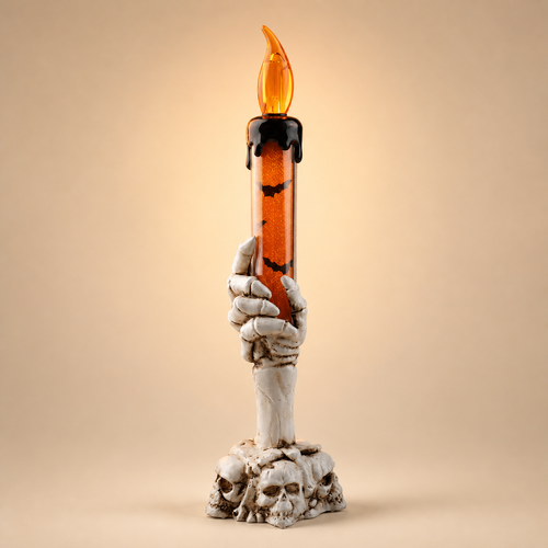 Tall ivory skeleton-hand LED candle light with orange glitter tube