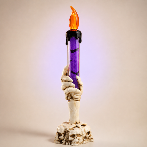 Tall ivory skeleton-hand LED candle light with purple glitter tube and orange flame-shaped bulb