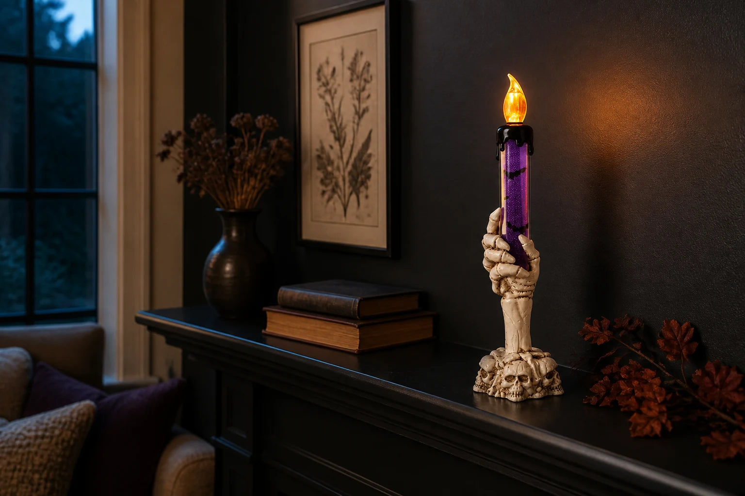 Skeleton-hand candle lights glowing on a decorated mantel