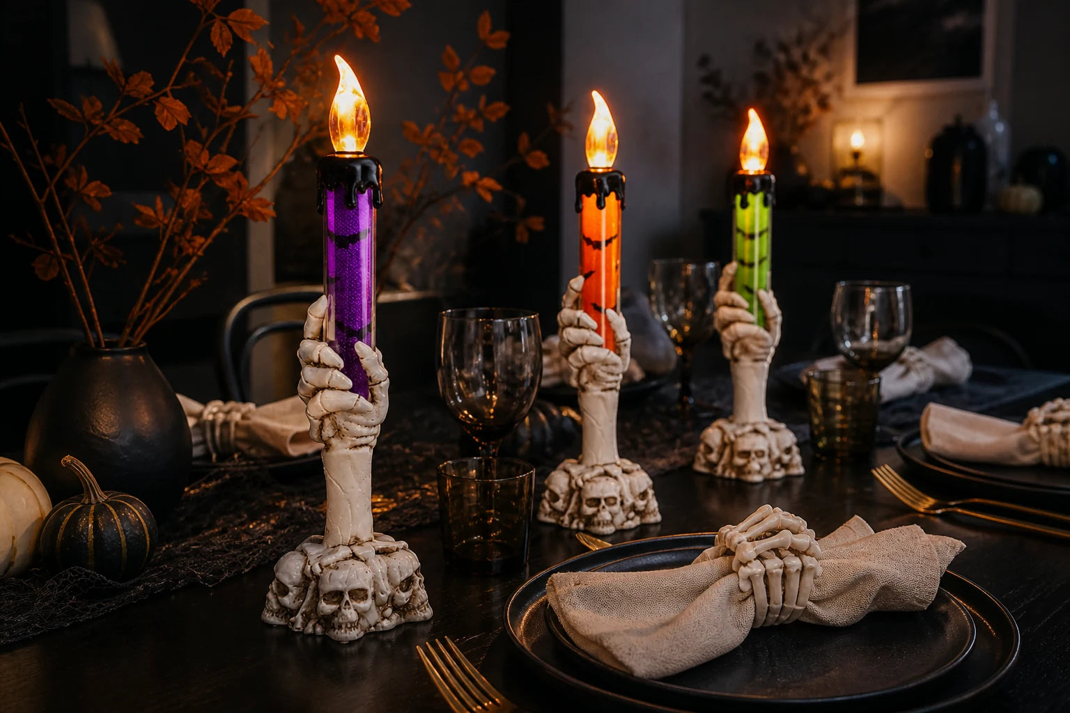 Halloween dinner table set after dark with glowing candle lights